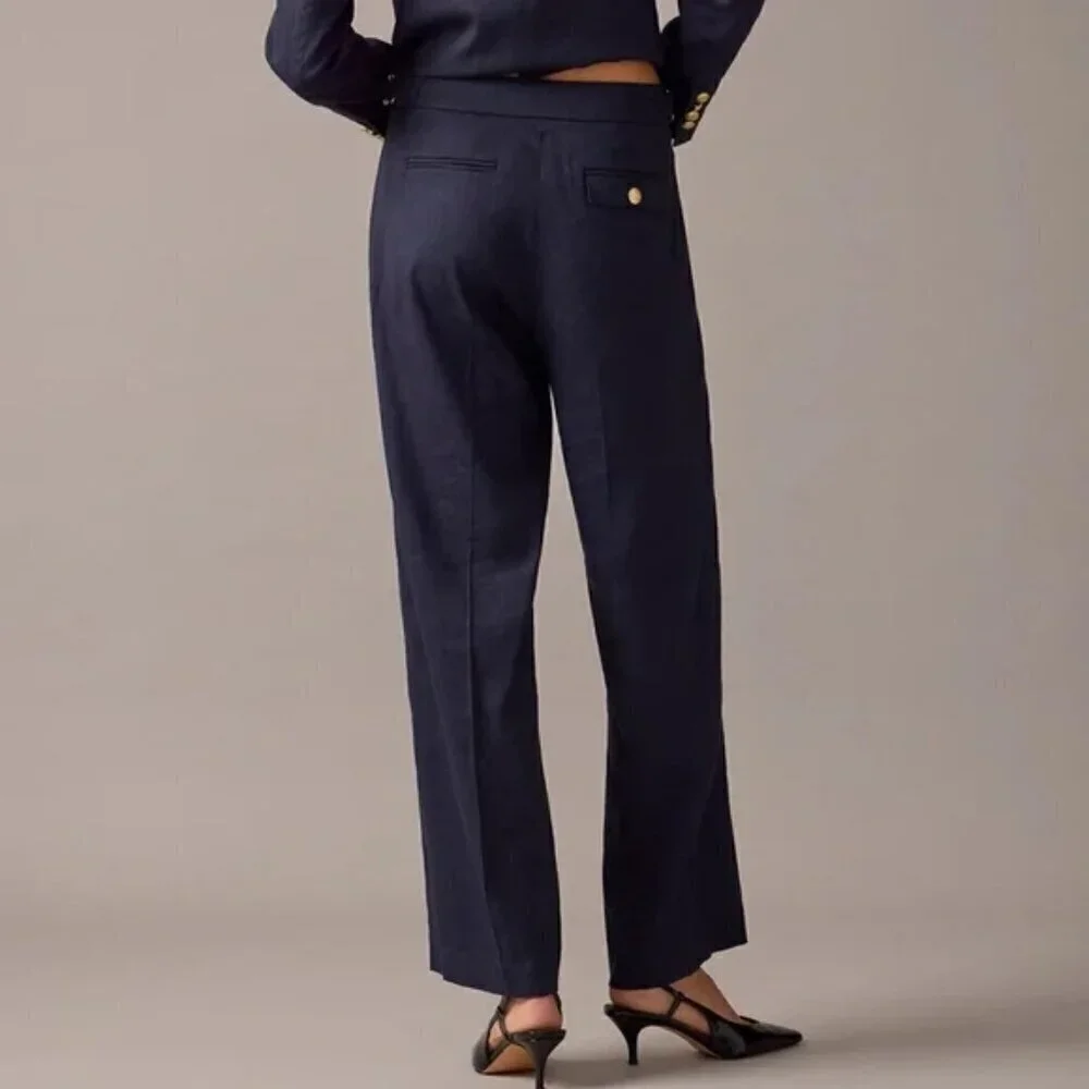 J. Crew Collection Side Tab Trouser Italian Linen Blend Navy Size 12/L NWT